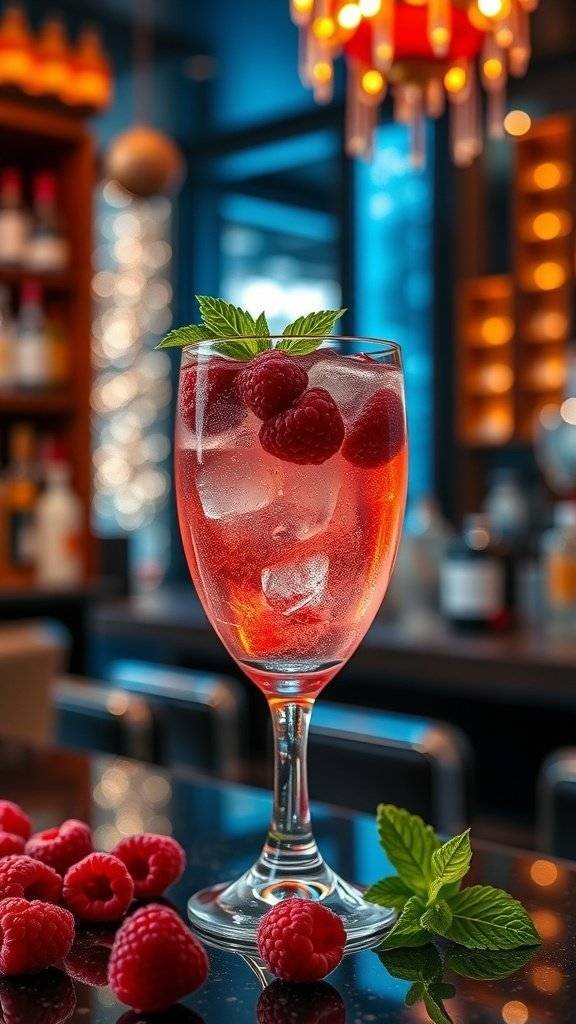 A refreshing Radiant Raspberry Fizz cocktail garnished with mint and raspberries.