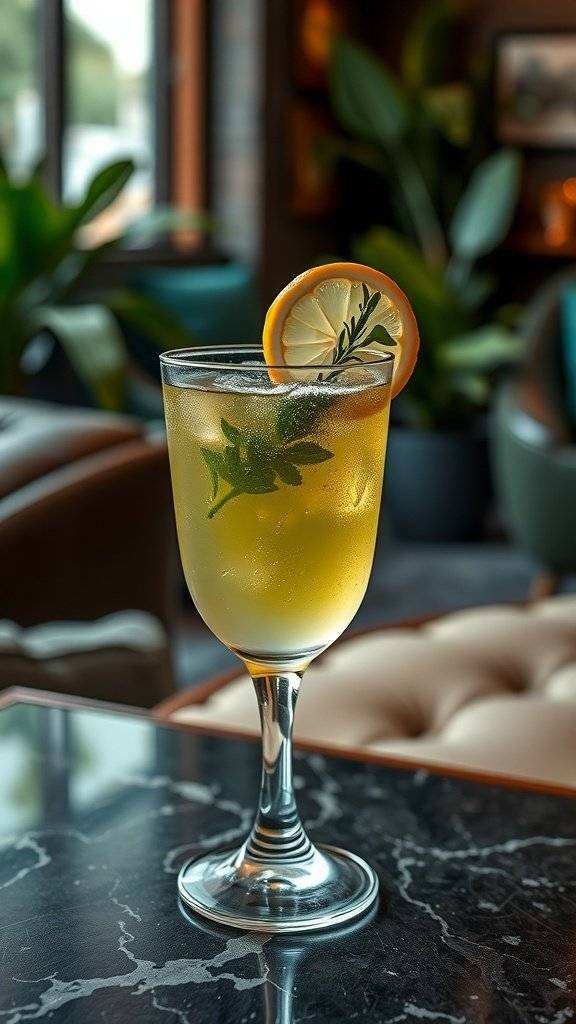 A refreshing Galactic Green Tea cocktail with lemon and mint, served in a glass.