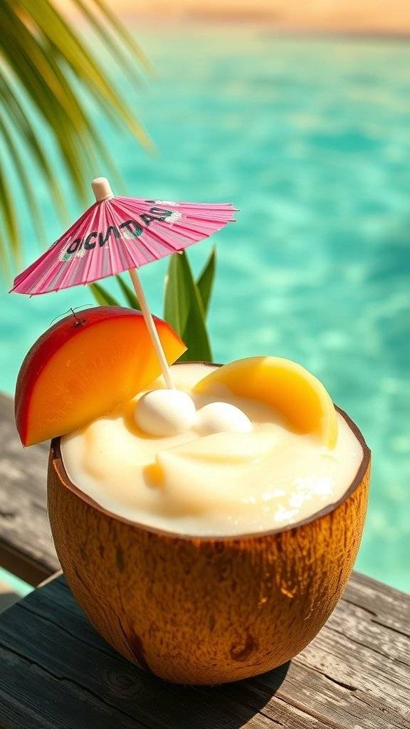 A tropical cocktail with coconut cream and fresh fruit garnishes
