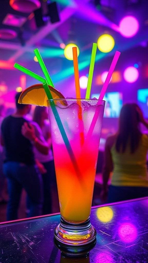 A vibrant Aura Indigo Cocktail with colorful straws in a lively bar setting.