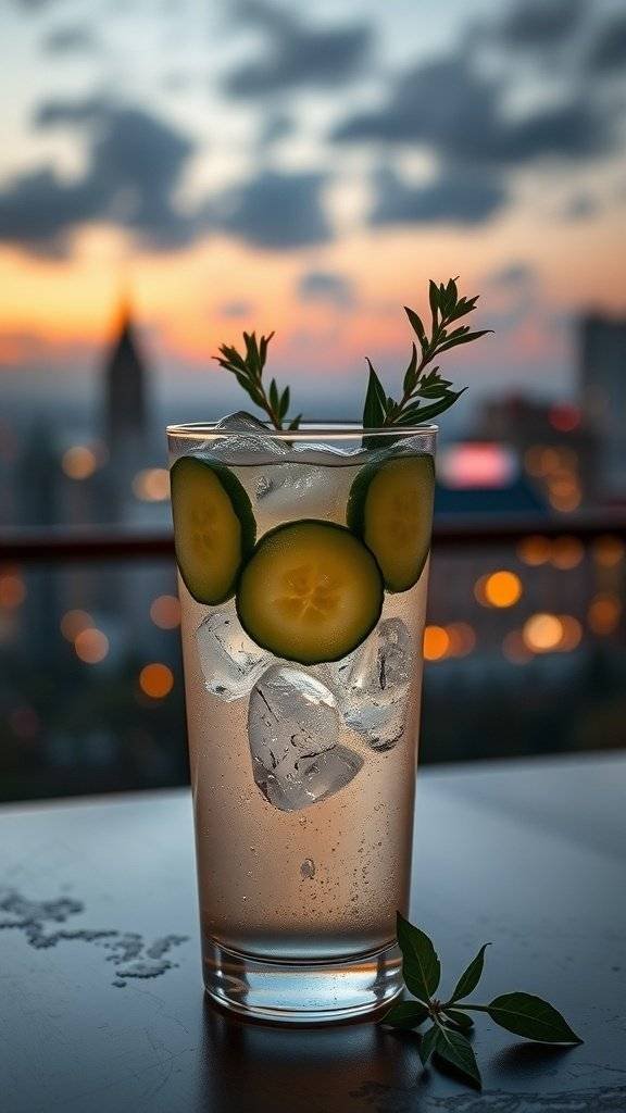 A refreshing cocktail with cucumber and herbs, set against a cityscape at twilight.