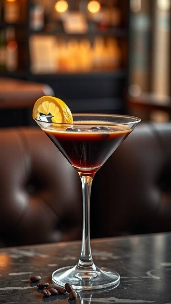 A beautifully crafted Eclipse Espresso Martini with a lemon twist and coffee beans on a table.