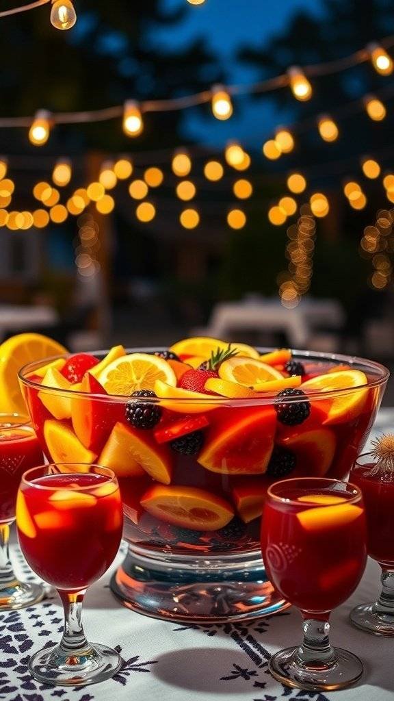 A vibrant bowl of Starlight Sangria with fresh fruits and sparkling lights in the background.