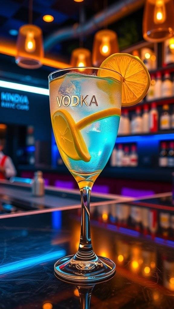 A vibrant cocktail featuring Vortex Vodka with lemon slices, set against a colorful bar backdrop.