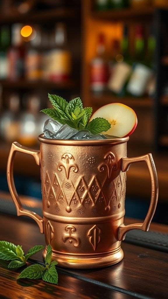 A refreshing Astral Apple Mule cocktail served in a copper mug, garnished with mint and apple slice.