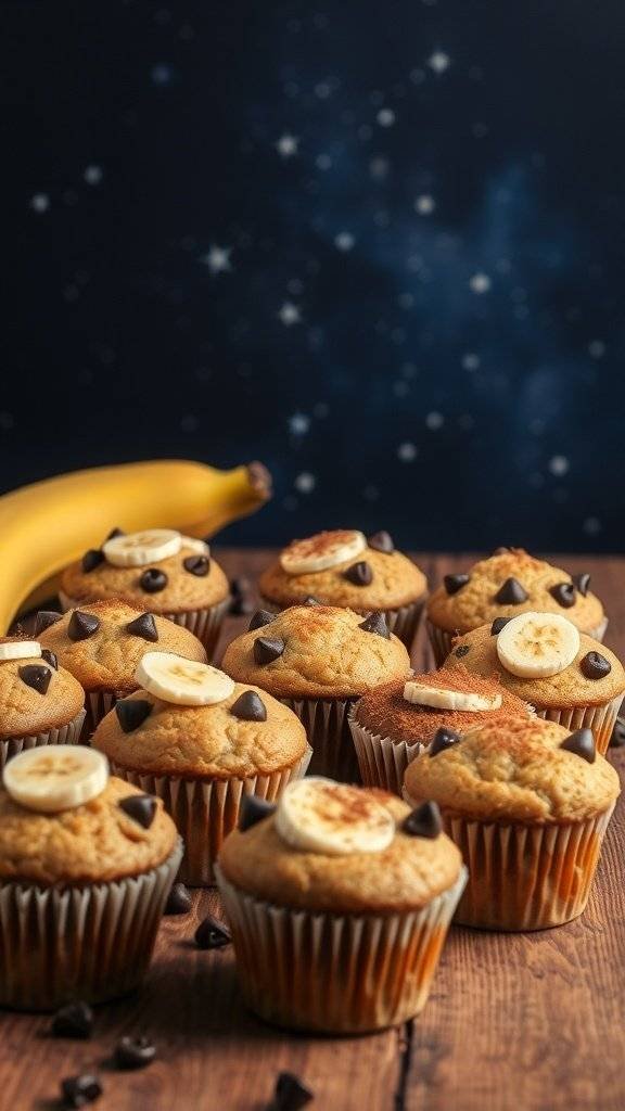 A close-up of banana muffins with chocolate chips, set against a starry background.