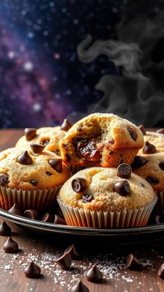 A plate of chocolate chip mini muffins with a galaxy background