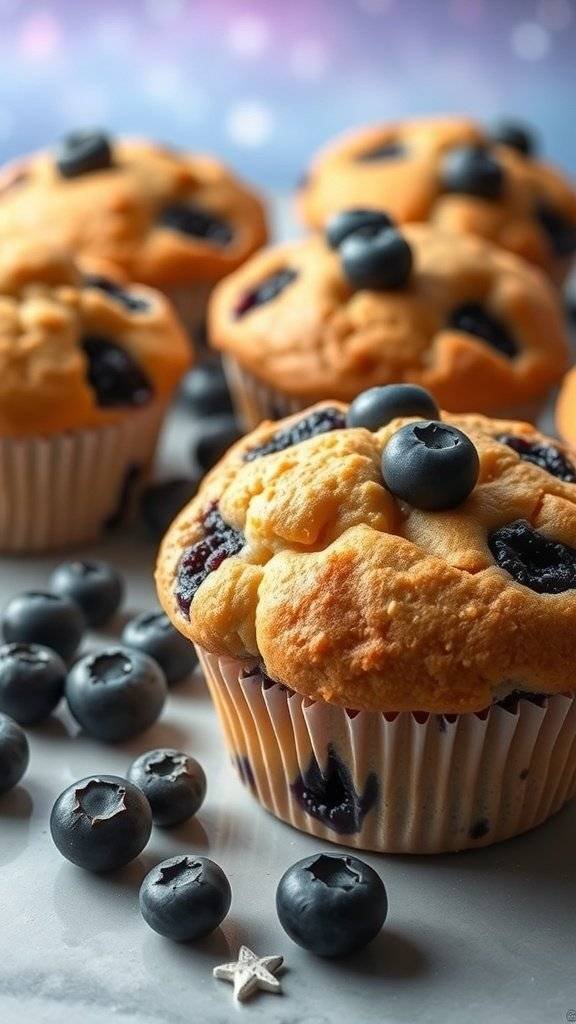Delicious blueberry mini muffins with fresh blueberries scattered around