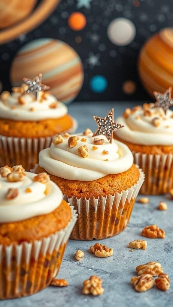 Cosmic Carrot Cake Muffins with cream cheese frosting and star decorations