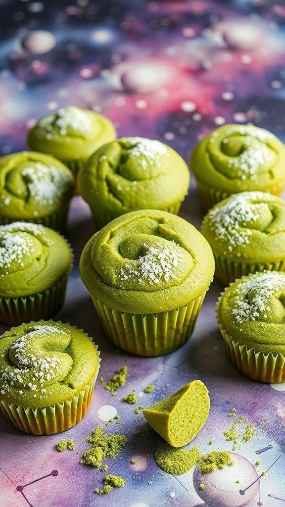 A collection of green matcha mini muffins sprinkled with powdered sugar, set against a colorful cosmic background.