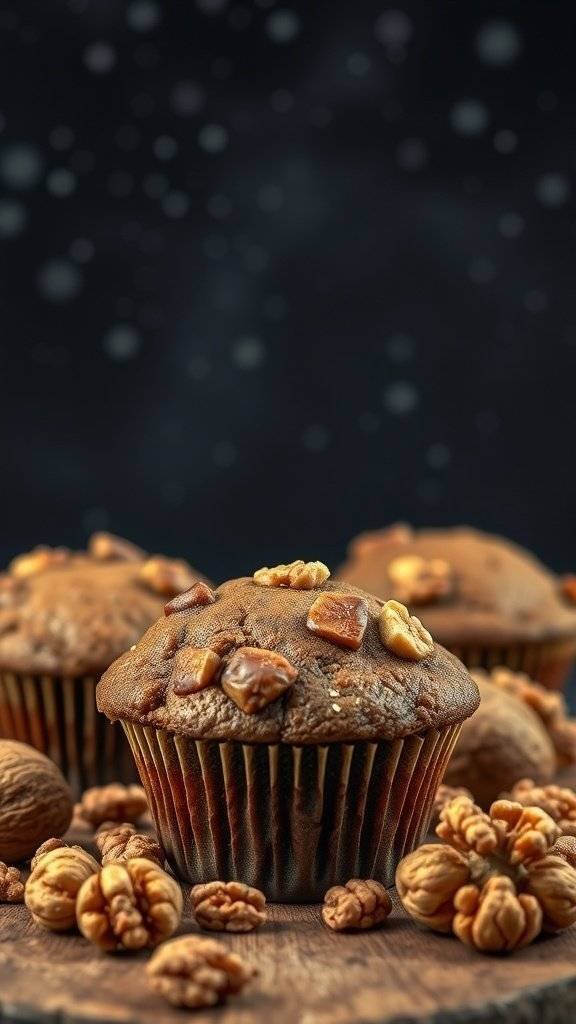 Delicious fig and walnut mini muffins on a wooden surface with whole walnuts scattered around.