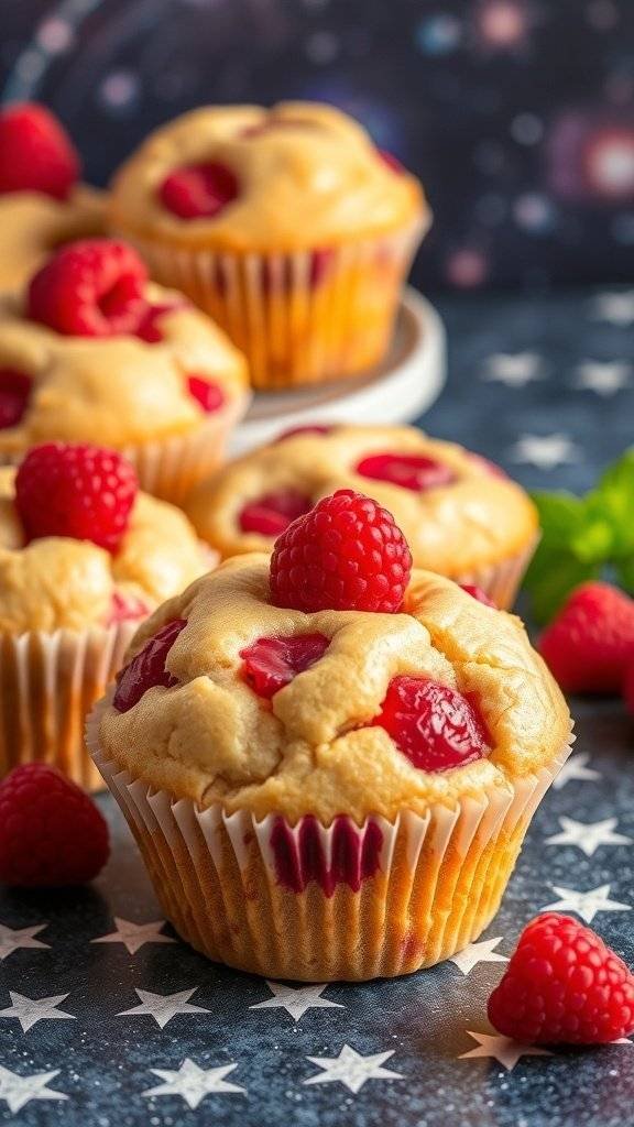 A close-up of raspberry muffins with fresh raspberries on top, set against a starry background.