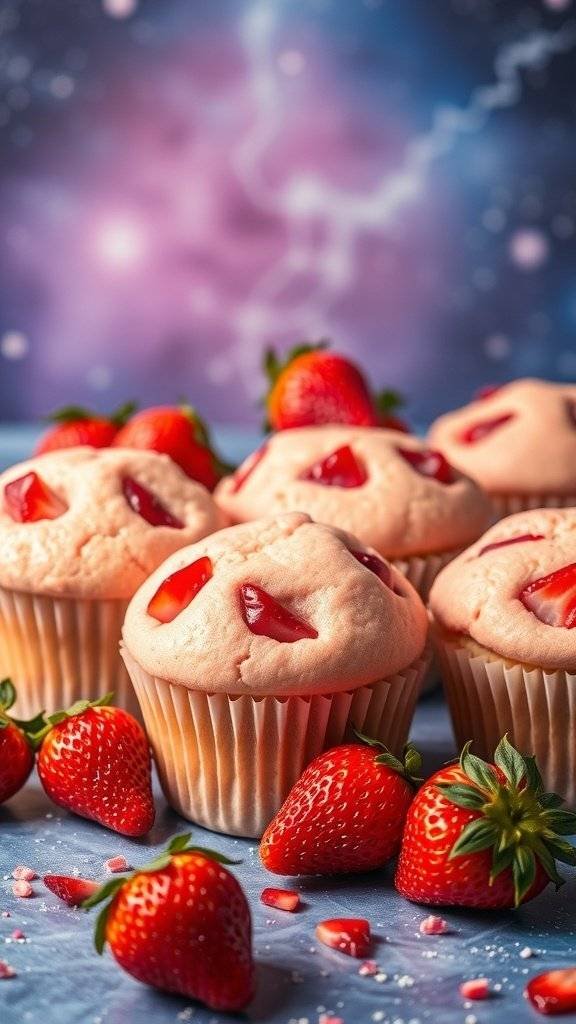 Strawberry muffins with fresh strawberries on a cosmic background