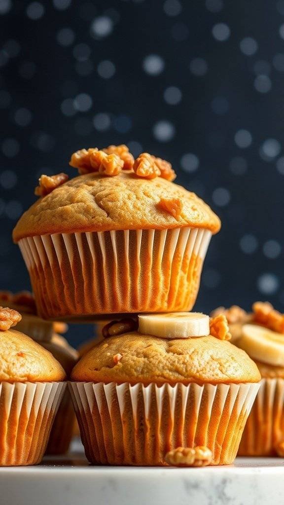 Delicious banana muffins topped with walnuts, set against a starry background.