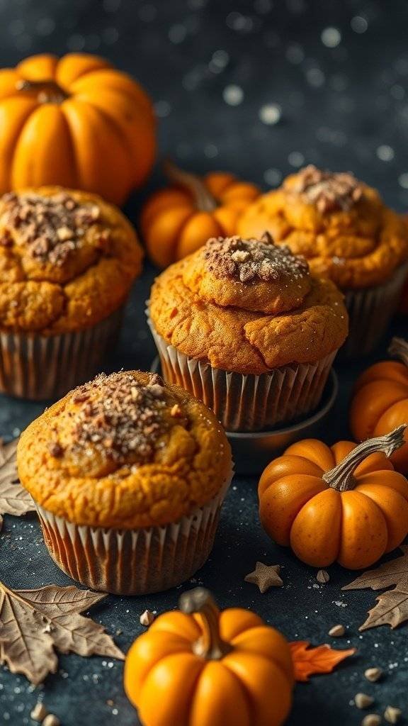 Mini muffins with pumpkin and spices, surrounded by small pumpkins and autumn leaves.
