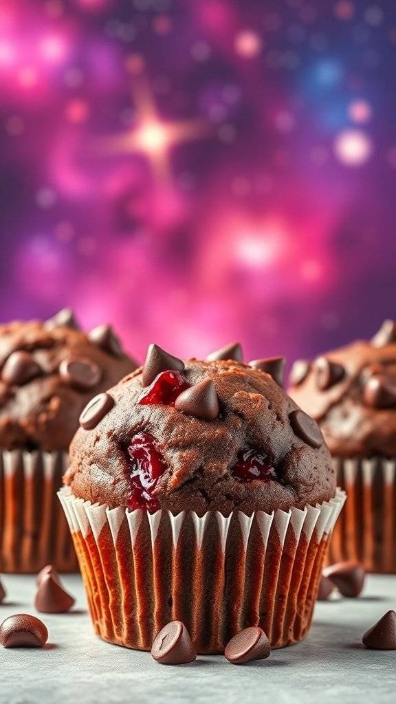 Delicious cherry chocolate muffins with chocolate chips on top, set against a colorful cosmic background.