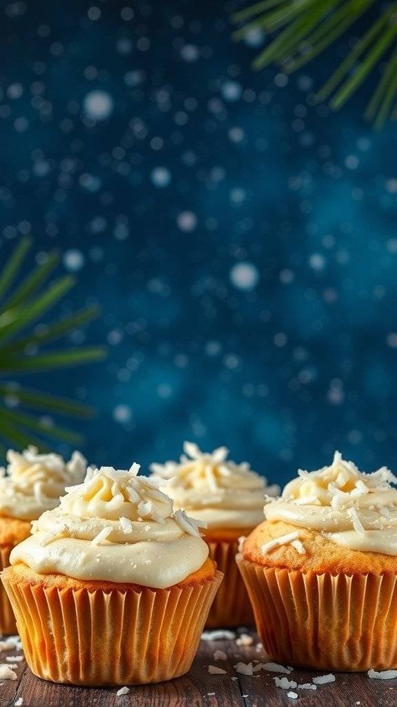 Coconut cream muffins with frosting and coconut flakes on top, set against a starry background.