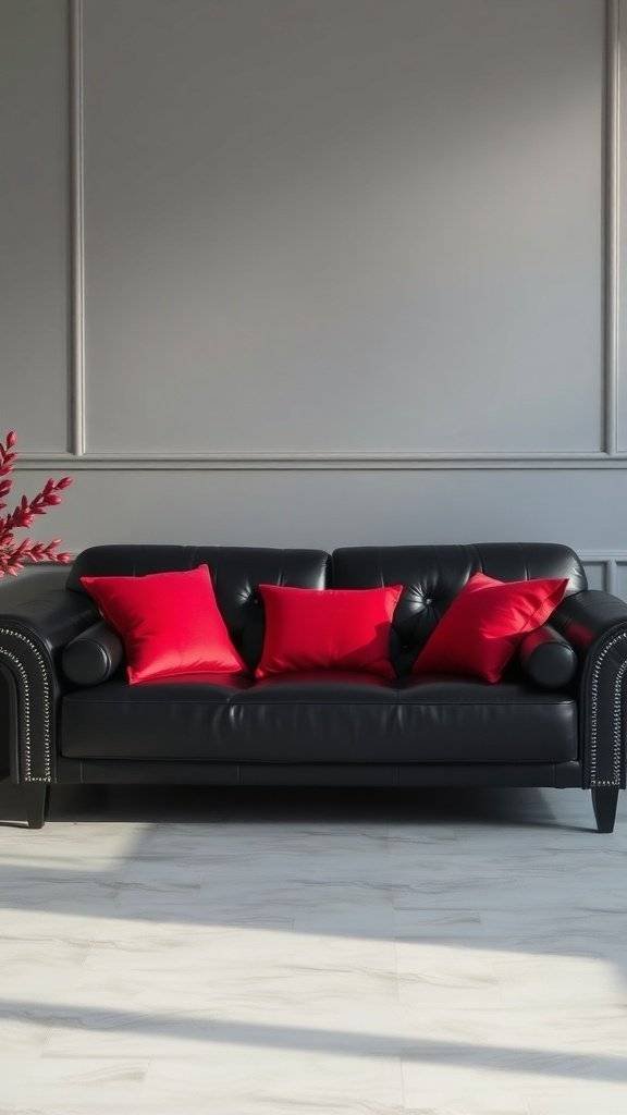 A sleek black leather sofa with cherry red pillows in a modern interior setting.