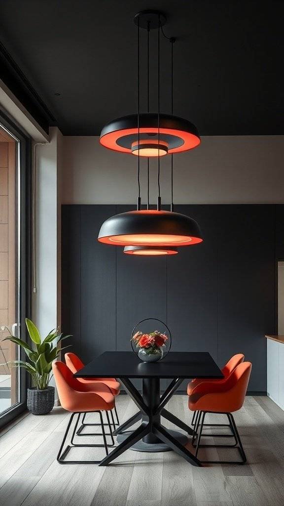A modern dining area with cherry red décor and stylish lighting fixtures.