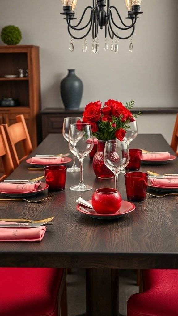 A dining table with dark wood and cherry red accents, featuring red roses, glassware, and elegant table settings.