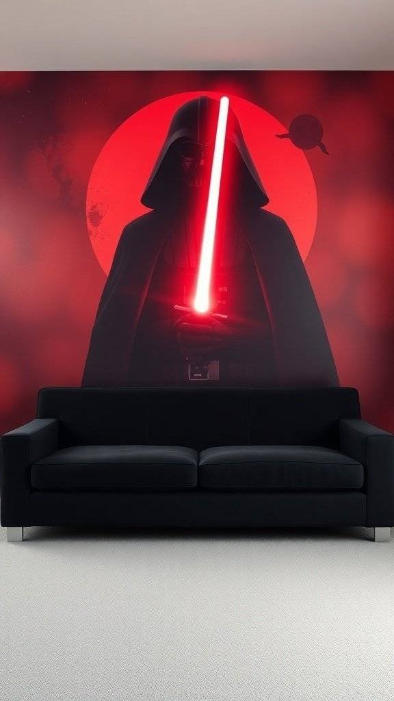 Silhouette of a Sith Lord with a red lightsaber against a cherry red background.