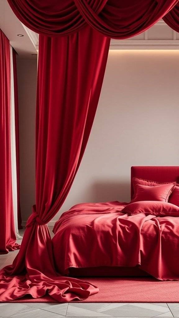 A room featuring cherry red curtains and bedding, creating a luxurious and dramatic atmosphere.