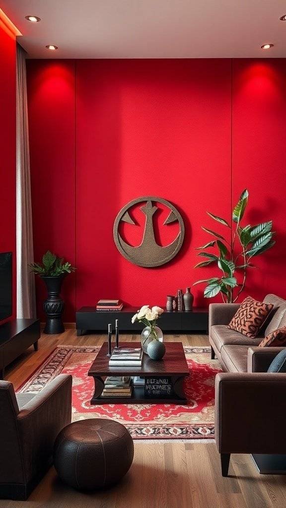 A living room featuring a bold cherry red accent wall with stylish furniture and decorative elements.