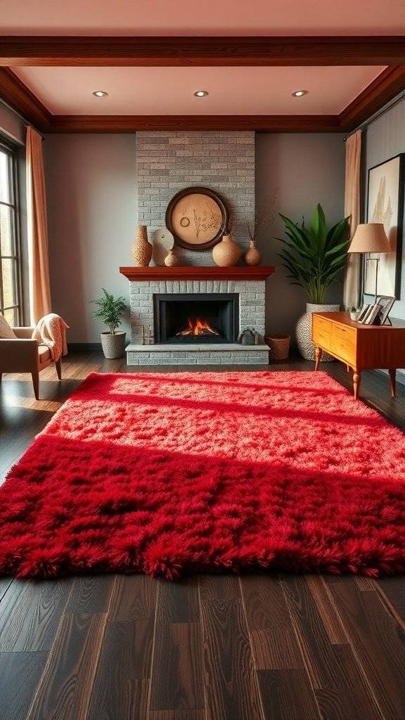 A plush cherry red rug in a cozy living room with a fireplace and wooden accents.