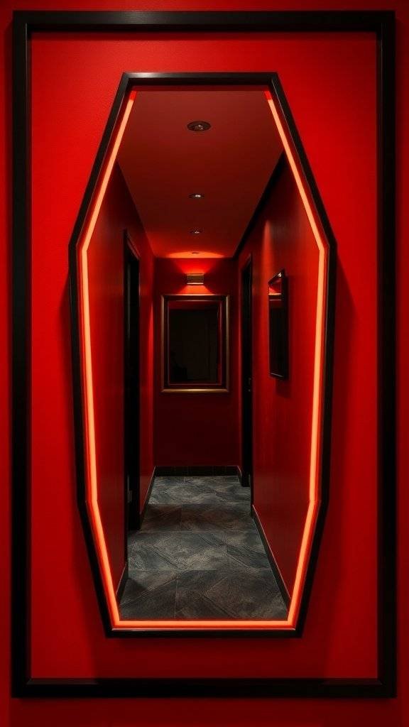 A futuristic decorative mirror with a glowing red frame in a hallway with cherry red walls.
