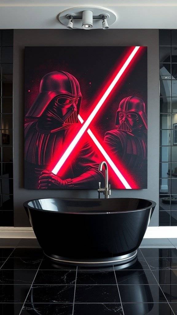 Sith-inspired wall art featuring two figures in a lightsaber duel with red lightsabers and a red background.