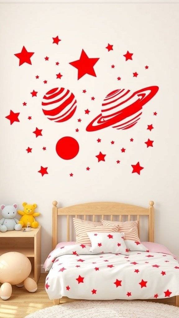 A room with cherry red furniture and cosmic-themed wall decals featuring planets and stars.