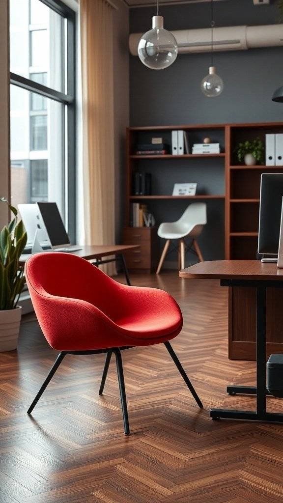 A modern cherry red chair in a stylish office setting with wooden flooring and minimalistic decor.