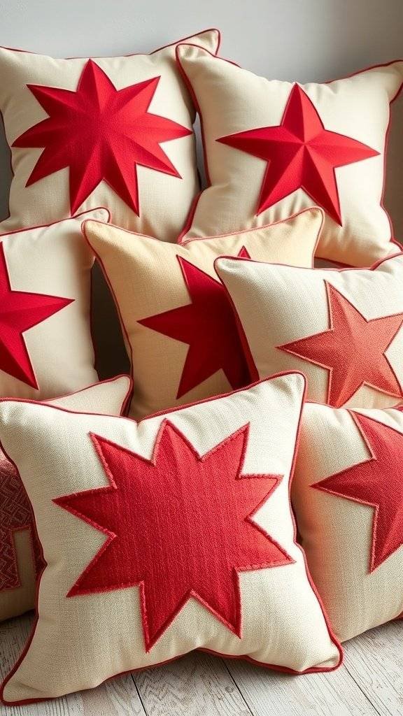 A collection of cherry red throw pillows with star and snowflake designs.