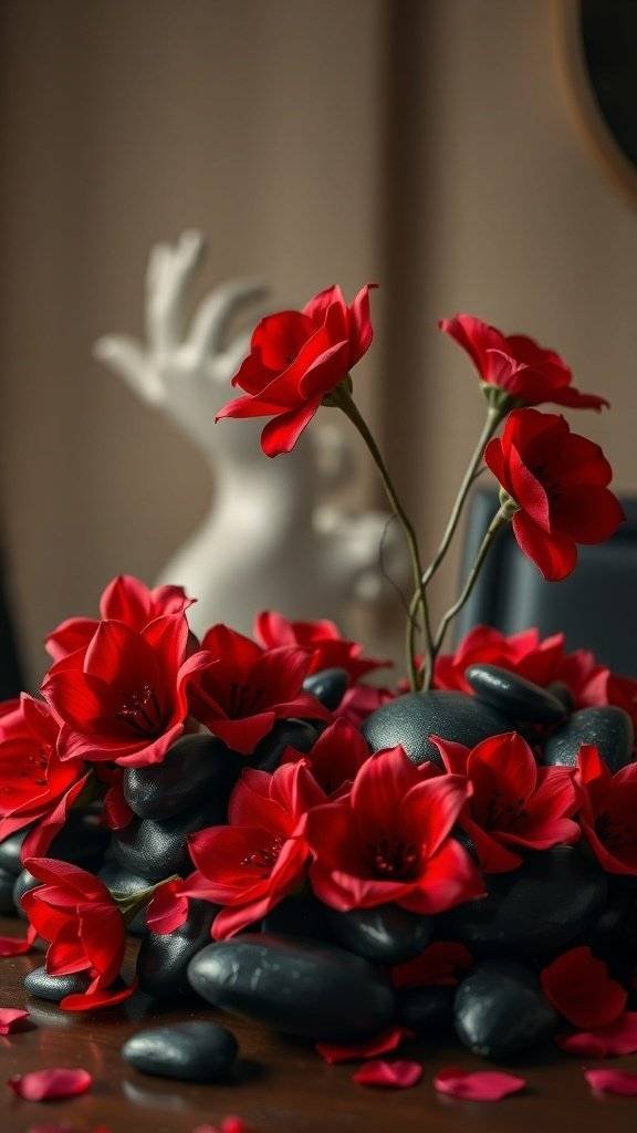 A centerpiece featuring cherry red flowers and black stones on a table.