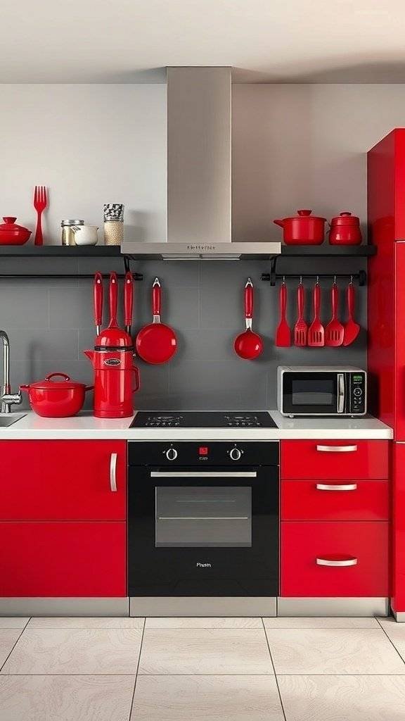 A modern kitchen featuring cherry red cabinets and accessories with black appliances.