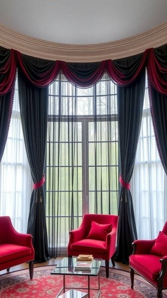 Futuristic black and red curtains framing a window