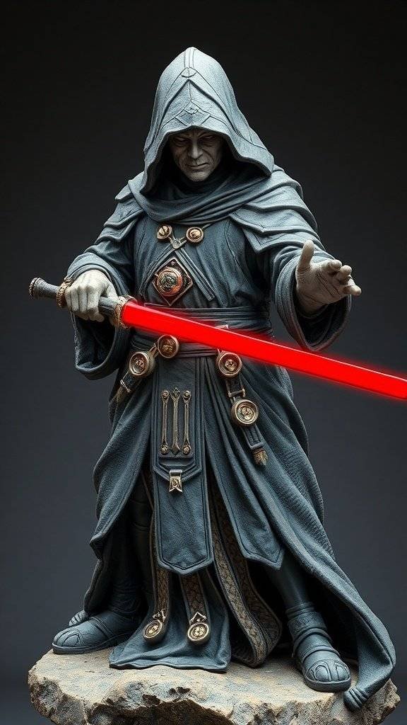 A detailed sculpture of a Sith Lord with a red lightsaber, wearing a black robe and red cape.
