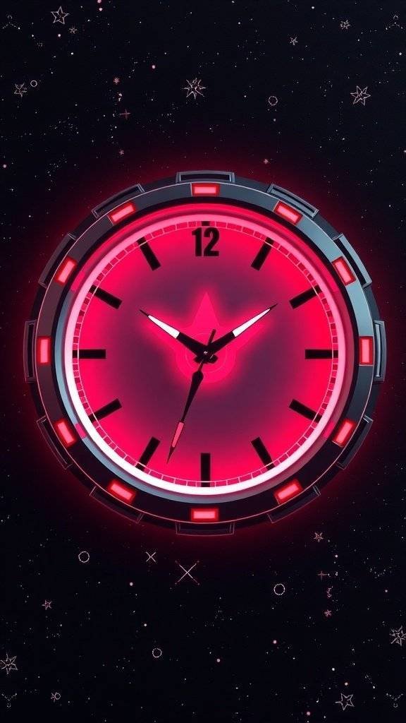 A modern wall clock with a black face and red accents, set against a starry background.