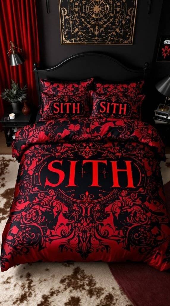 Sith Lord inspired bedding set featuring cherry red and black colors with bold designs.