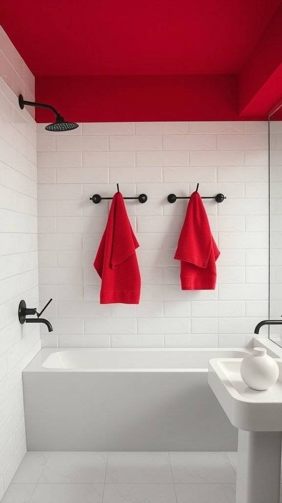 A modern bathroom featuring a red ceiling, white tiled walls, and black fixtures with red towels hanging.