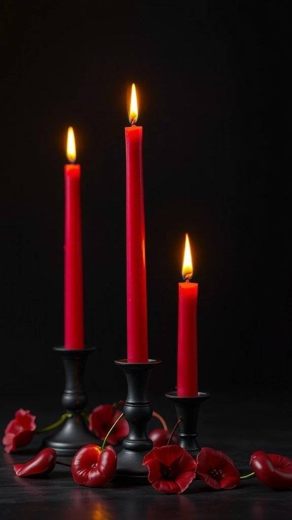 Three cherry red candles in black holders with red flowers on a dark background