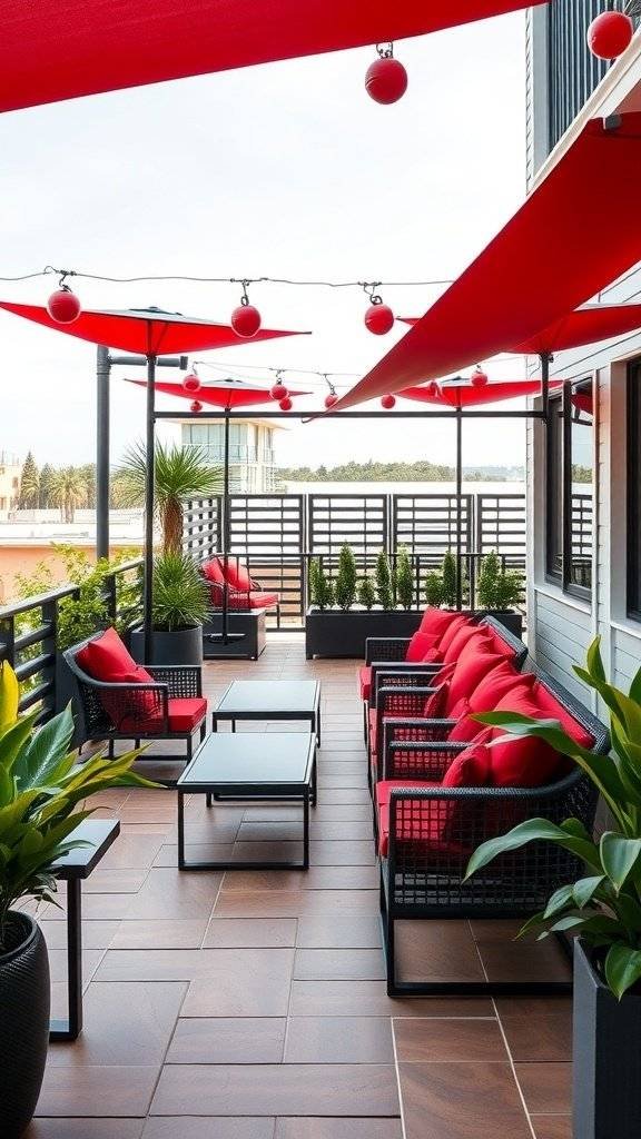 Futuristic outdoor furniture with cherry red cushions and canopies