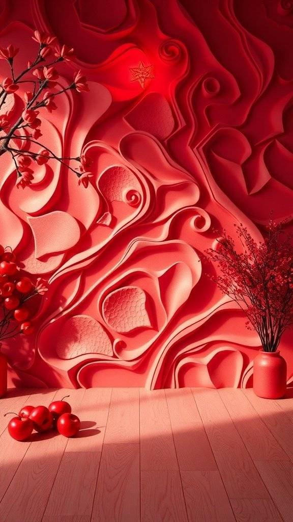 Textured cherry red wall panels with decorative elements