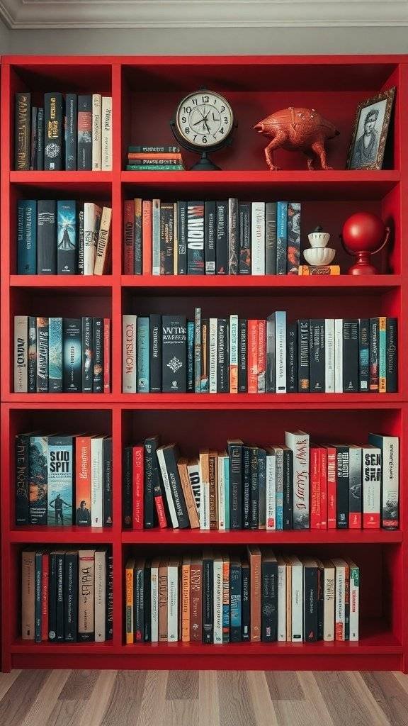 A cherry red bookshelf filled with various books and decorative items.