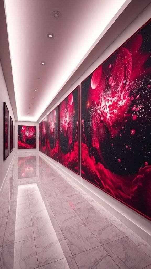 A hallway featuring large cosmic artwork in cherry red tones, with glossy white walls and bright lighting.