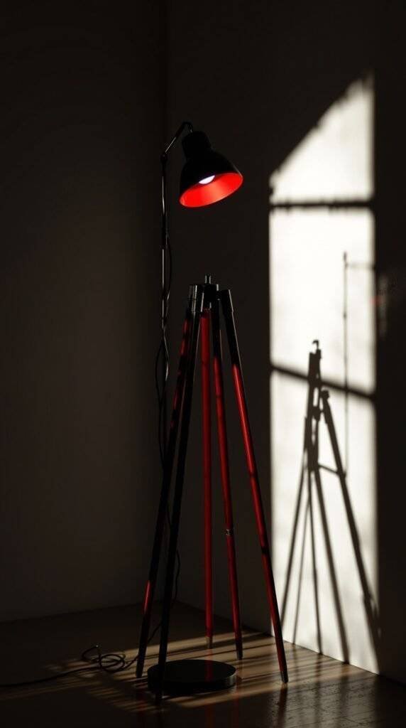 A sleek black floor lamp with a cherry red shade casting a red glow in a dimly lit room.
