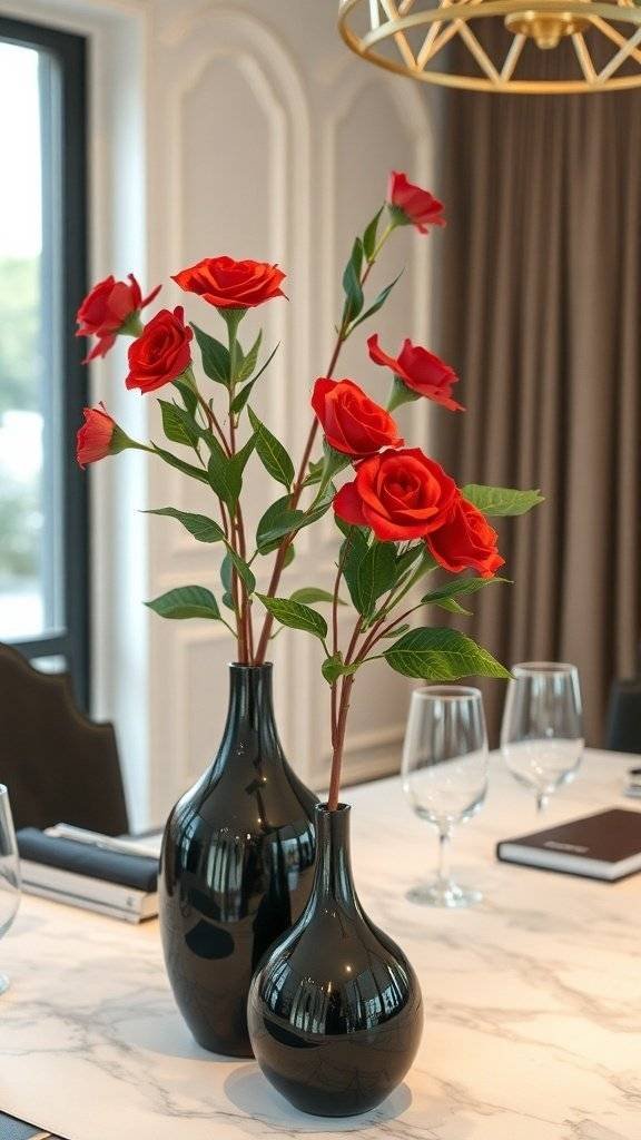 Decorative vases with red flowers on a table