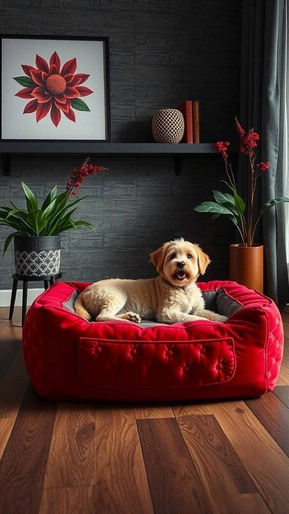 A small dog resting on a cherry red pet bed in a stylish room with plants and modern decor.