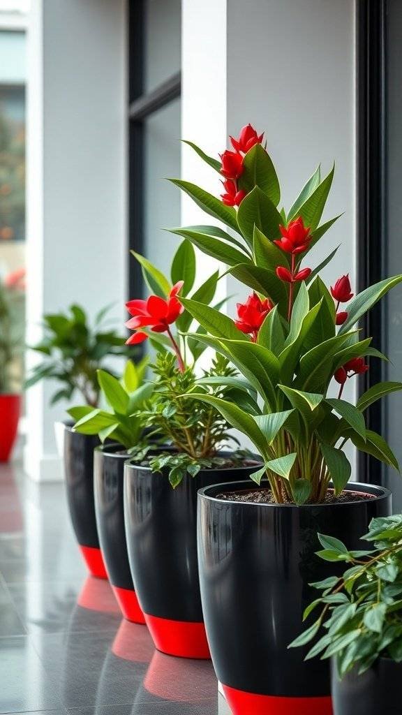 Futuristic black and red planters with indoor plants and red flowers