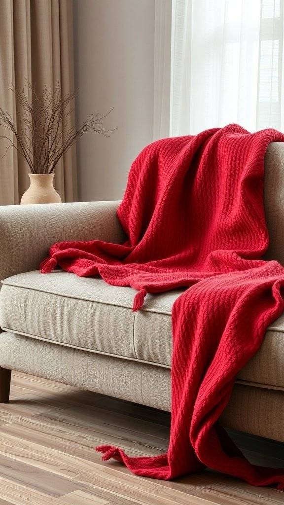 A cherry red throw blanket draped over a beige couch in a cozy living room setting.
